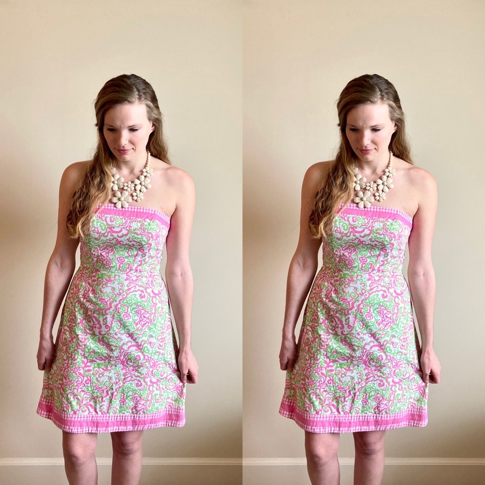 Lilly Pulitzer pink &green printed strapless dress - Picture 5 of 12